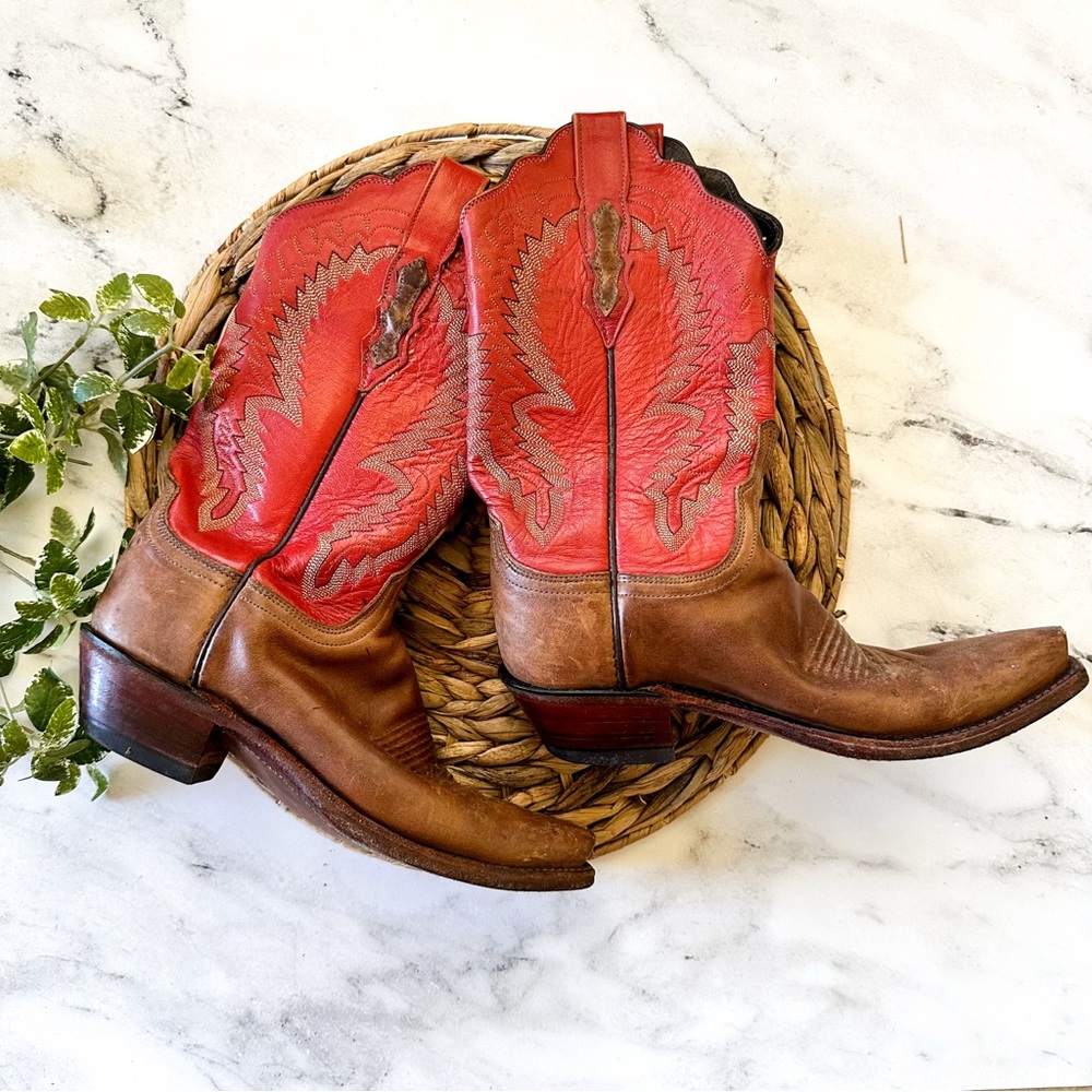 Lucchese 1883 Vintage Womens Laurel Tan & Red Scalloped Cowboy Boots - Picture 2 of 11